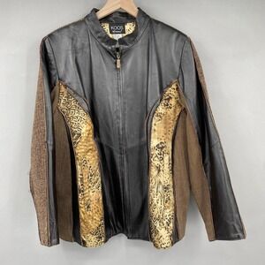 KOOS of course! Women's‎ 1X Black Leather Jacket Animal Print Tweed Trim Brown